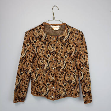 1950s Vintage Paisley Jacquard Knit Cardigan Women's Small, 50s Rockabilly Cardigan Cropped Button Down Sweater Brown Black Floral 