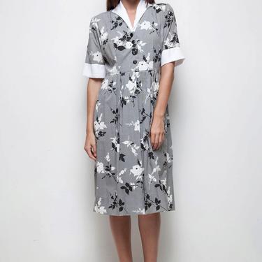 shirtwaist dress vintage 70s black white floral cotton pleated shirtdress LARGE L 