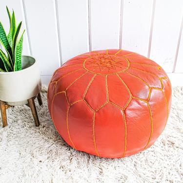 Orange Pleather Moroccan Pouf/Poof with Distressed Character 