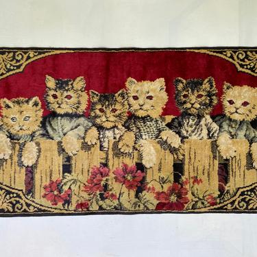 Vintage Kitten Tapestry, Kitty Wall Hanging, Cat Lovers, 6 Kitty Cats At Fence 