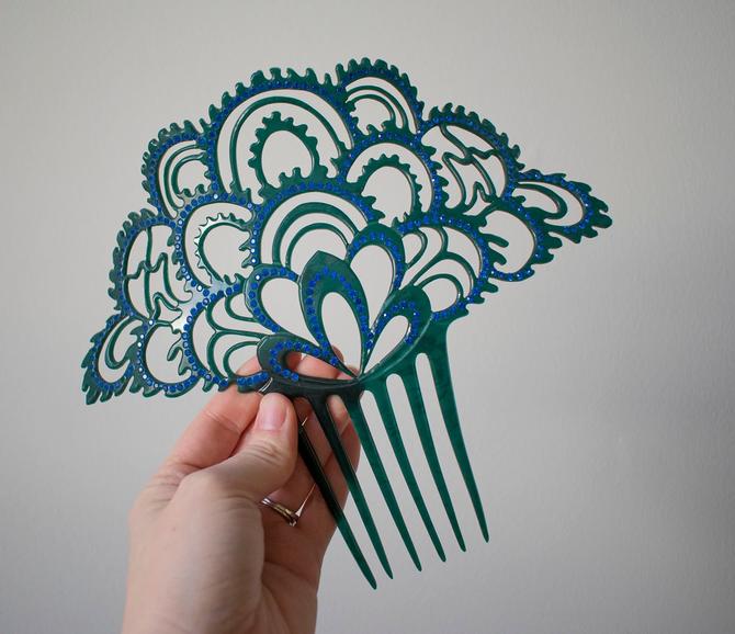 Vintage 1920s Hair Comb Vintage Celluloid Peineta With Blue