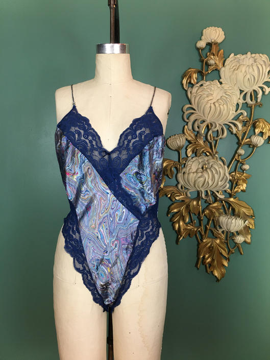 90s Blue Satin & Sheer Black Lace Lingerie Teddy - Medium – Flying