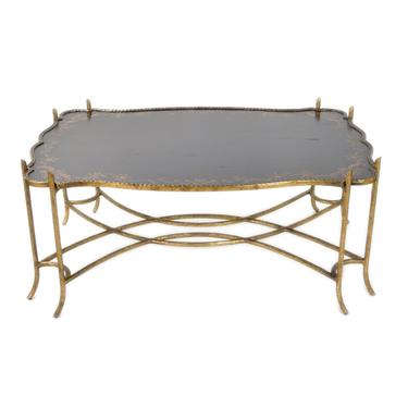 Vintage Gilded Iron Faux Bois Twig Coffee Table w Tole Painted Tray Style Top 