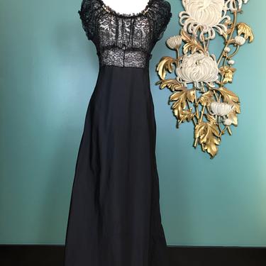 Vintage 40s Black Satin NIGHTGOWN / 1940s Satin & Lace Full Length, Lucky  Dry Goods