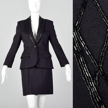 XXS 1970s Calvin Klein Dark Navy Skirt Suit Beaded Lapels Cashmere Skirt Suit Two Piece Set Matching Separates 70s Vintage 