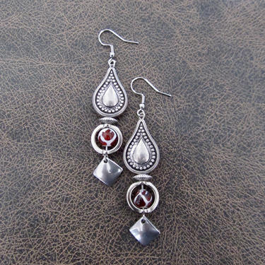 Tibetan agate earrings, long dangle earrings, boho chic tribal earrings, modern bohemian earrings, ethnic gypsy earrings, hippie, red 
