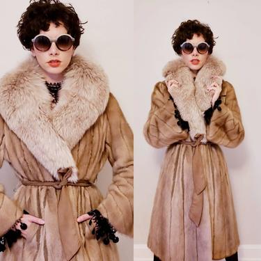 1970s Long Fur Wrap Coat Suede Belt / 70s Boho Winter Coat Oversized Blush Fox Fur Collar and Pastel Mink Fur Leather Strips / M L / Caryne 
