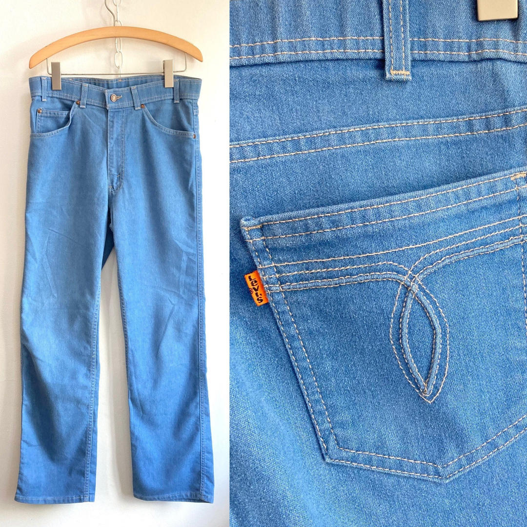 70 s Vintage LEVIS Staight Leg Jeans ORANGE Tab CORNFLOWER Blue Charm Vintage Boutique Portland OR