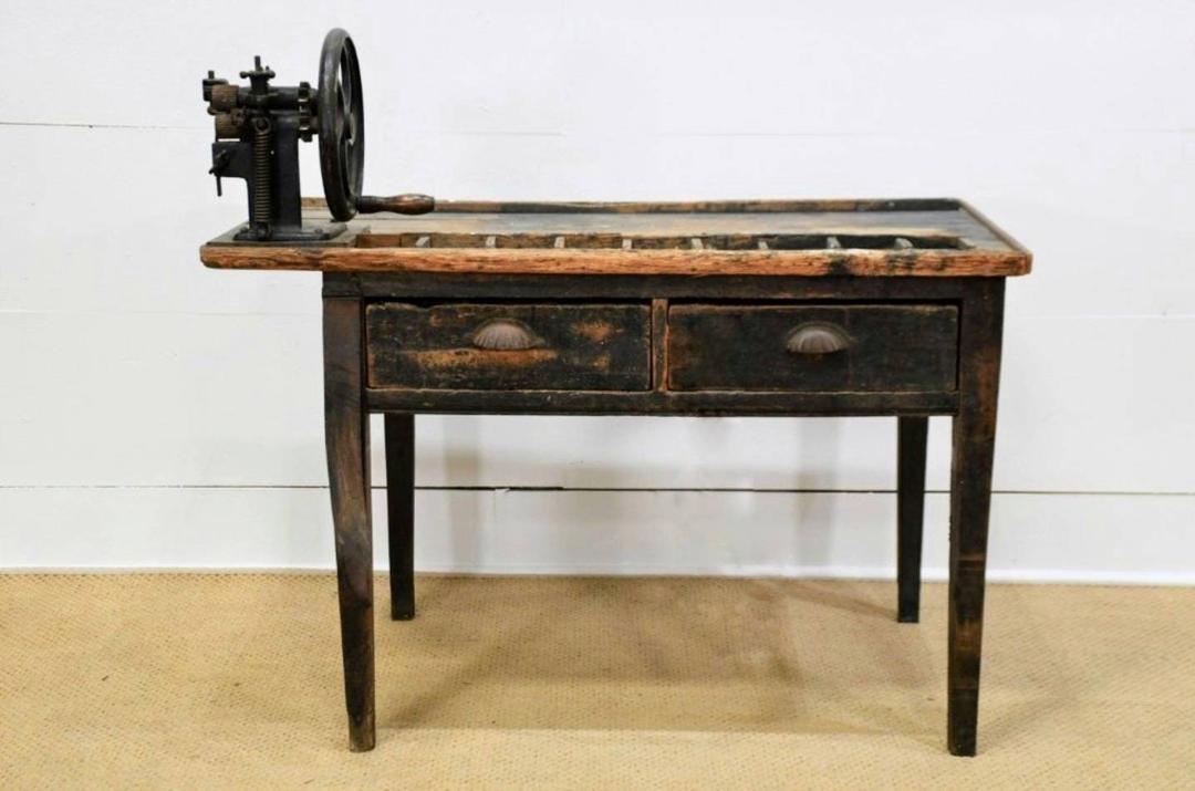 Antique French Cobblers Leatherwork Industrial Workbench Table, Painted