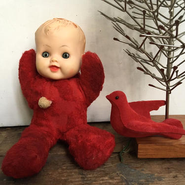 Vintage Douglas Baby Doll Cuddle Toy In Red, Stuffed Animal Baby With Plastic Head, Plushie Baby Doll 