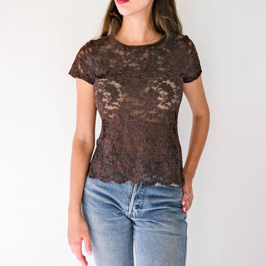 Vintage 90s Christian Dior Chocolate Brown Floral Lace Fitted Stretch Top | Made in USA | Cropped Scalloped Hem | 1990s Dior Designer Blouse 