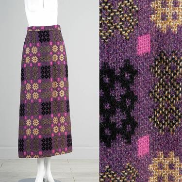 Deadstock NOS Incredible Vintage 60s Heavy Weight Chunky Wool Mohair Tweed Geometric Maxi Skirt Purple Small XS 