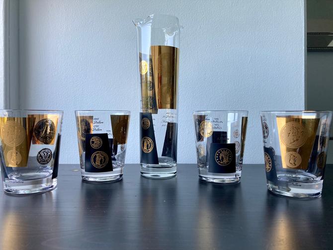 Bob Wallack For Cera Gold Coin Glasses of 4 with Pitcher Raven