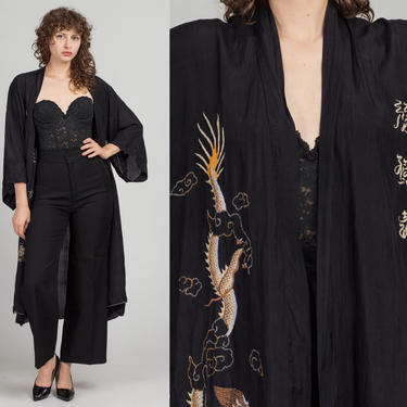 Vintage Chinese Black Silk Embroidered Dragon Robe - One Size | 70s Boho Long Kimono Jacket 