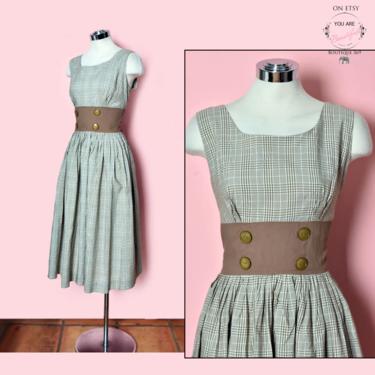 50's Vintage Cotton Summer Sun Dress, Full Skirt, Size MEDIUM, 1950's, 1960's Brown Plaid Fit &amp; Flare Rockabilly Gown 