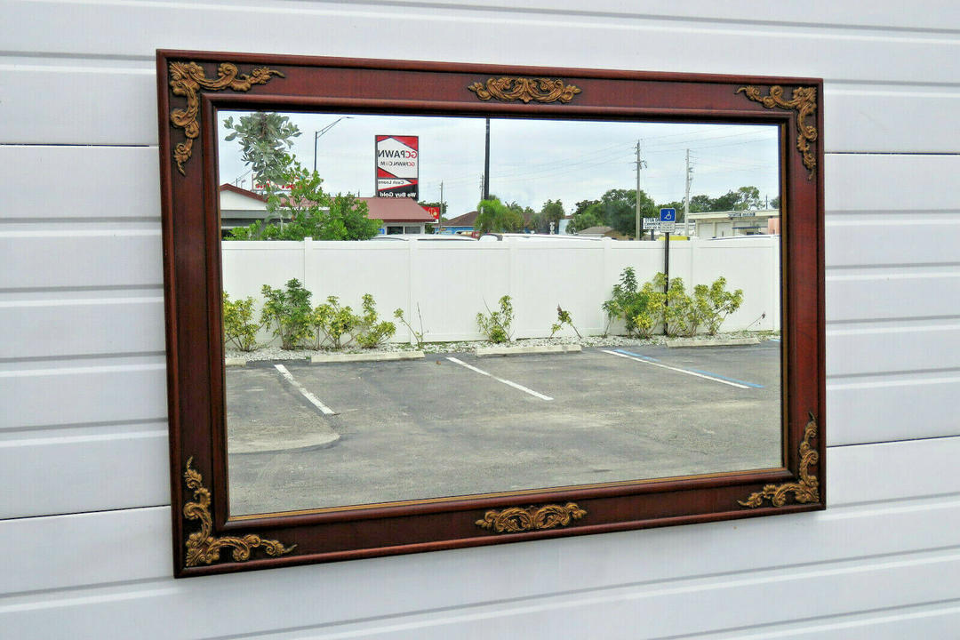 Mahogany Carved Large Wall Bathroom Vanity Mirror with Gold Highlight
