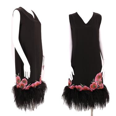 20s black maribou Flapper dress / vintage Art Deco silk 1920s Piano shawl feather hem Gatsby era party dress M 