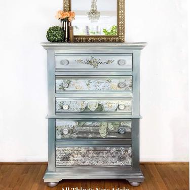 Gray Dresser | Gray Chest of Drawers | Gray Bedroom Furniture | Romantic Dresser with Flowers | White Fleur Transfer on Dresser 