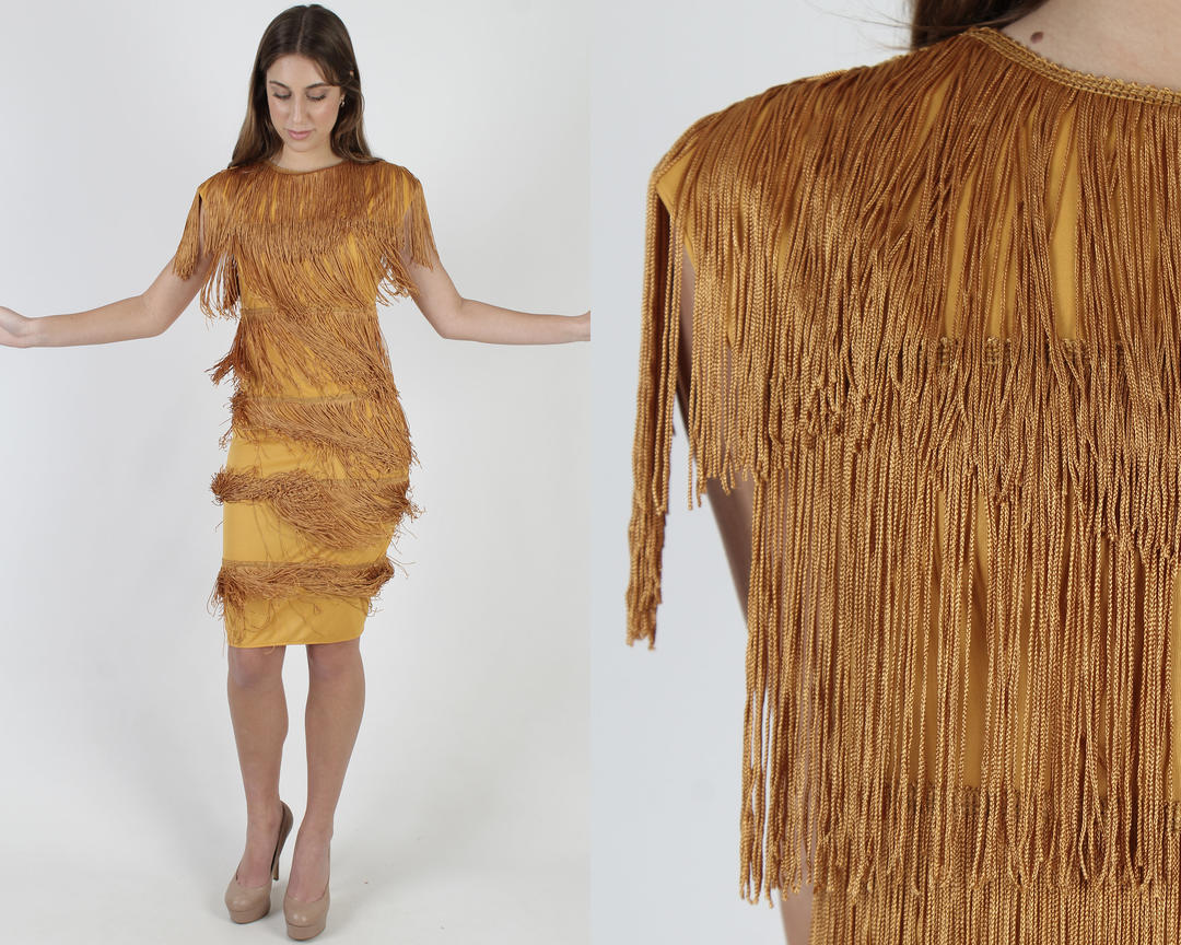 Gold Fringe Dress / Tiered Bronze Flapper Wiggle Dress / Vintage 80s