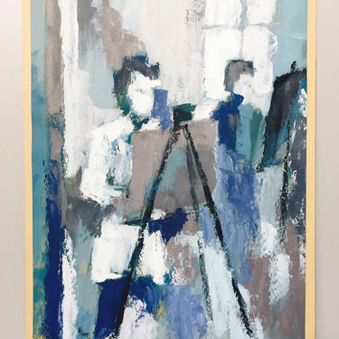Mid Century ABSTRACT Acrylic Geometric Blue Color PAINTING on Canvas Paper Figural SIGNED N Gary 1961 Art 