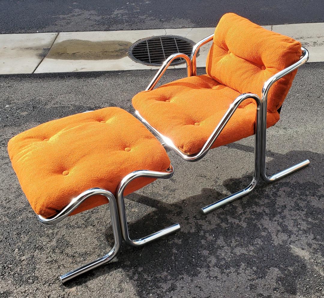 Jerry Johnson Chrome Sling Chair & Ottoman Original Burnt Orange Seat