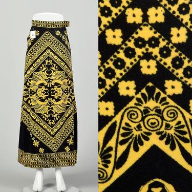 XXS 1970s Mr. Dino Velveteen Print Skirt Gold Black Print Maxi 