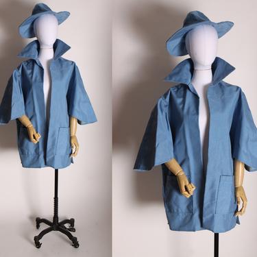 1960s Blue 3/4 Length Sleeve Starched Angel Sleeve Rain Coat Jacket with Matching Hat -M-L 