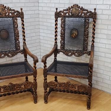 French Louis XIII Jacobean/Renaissance Revival Carved Ornate Figural Throne Chairs - Pair