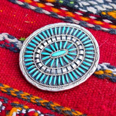 Vintage Native American Zuni Needlepoint Turquoise Belt Buckle, Large Sterling Turquoise Cluster Belt Buckle, Hand Stamped CJ Hallmark, 3&amp;quot; W 