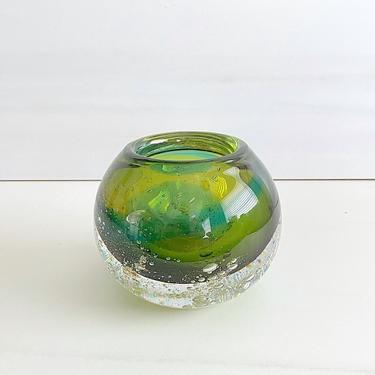 Vintage 1981 Scandinavian Art Glass Studio Ahus of Sweden GALLAX Vase in Tones of Greens and Clear Hanne Dreutler Design 