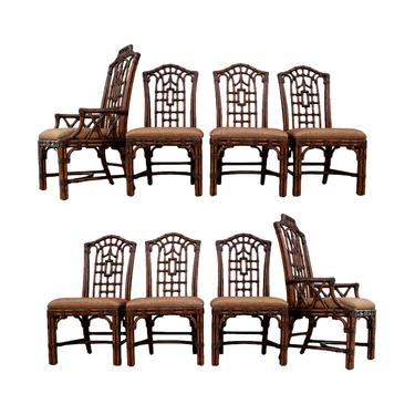 Rattan Chinoiserie Fretwork Dining Chairs with Tortoiseshell Finish, Set of 8 