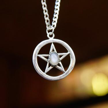 Vintage Sterling Silver Moonstone Pentagram Pendant, Open Circle W/ 5-Pointed Star, Jagged Bezel Moonstone Setting, Wiccan Jewelry, 1 1/4&amp;quot; L 