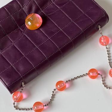 Vintage CHANEL CC Logo Purple Leather Chocolate Bar Quilted Mini Flap Bag with Pink CC Resin Balls and Ball Chain - Rare! 