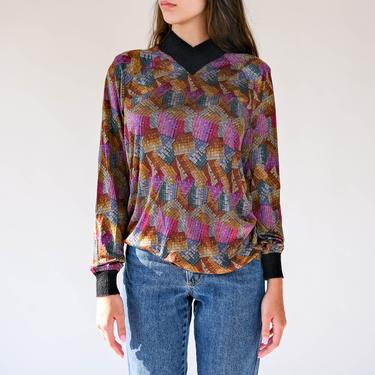 Vintage 70s Missoni Multi Color Silk Woven Print Blouse w/ Black Knit Collar &amp; Cuffs | Made in Italy | 100% Silk | 1970s Designer Top 