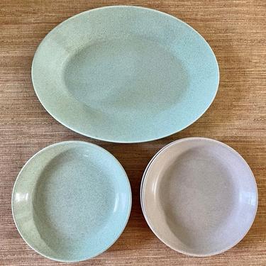 Vintage Speckled Platter and Bowls - Aqua Blue and Gray Ceramic - Oval Aqua Speckled Platter - Two Aqua Bowls - Two Gray Speckled Bowls 