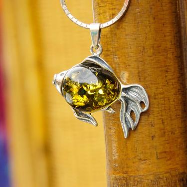 Vintage Sterling Silver Baltic Amber Fish Pendant Necklace, Green Baltic Amber With Beautiful Inclusions, 1.5mm Box Chain, 30&amp;quot; Long Necklace 