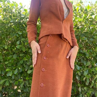 Vintage Suit / Minimal Knit Suit / Sportswear / Copper Knitwear / Work wear / Sexy CEO / Skirt and Jacket Set / 80's Deep V Blazer 