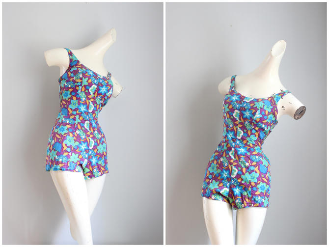 1950s Floral Print One Piece Swimsuit Vintage Boy Short Bathing Suit 50s Swimsuit Pin Up Swimwear Blue Floral Print Bathing Suit By Ageofmint From Age Of Mint Of Philadelphia Pa Attic