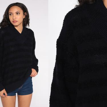 Black Striped Sweater 80s Knit Sweater Slouch V Neck sweater 1980s Jumper Sweater Vintage Pullover 22W Plus Size 