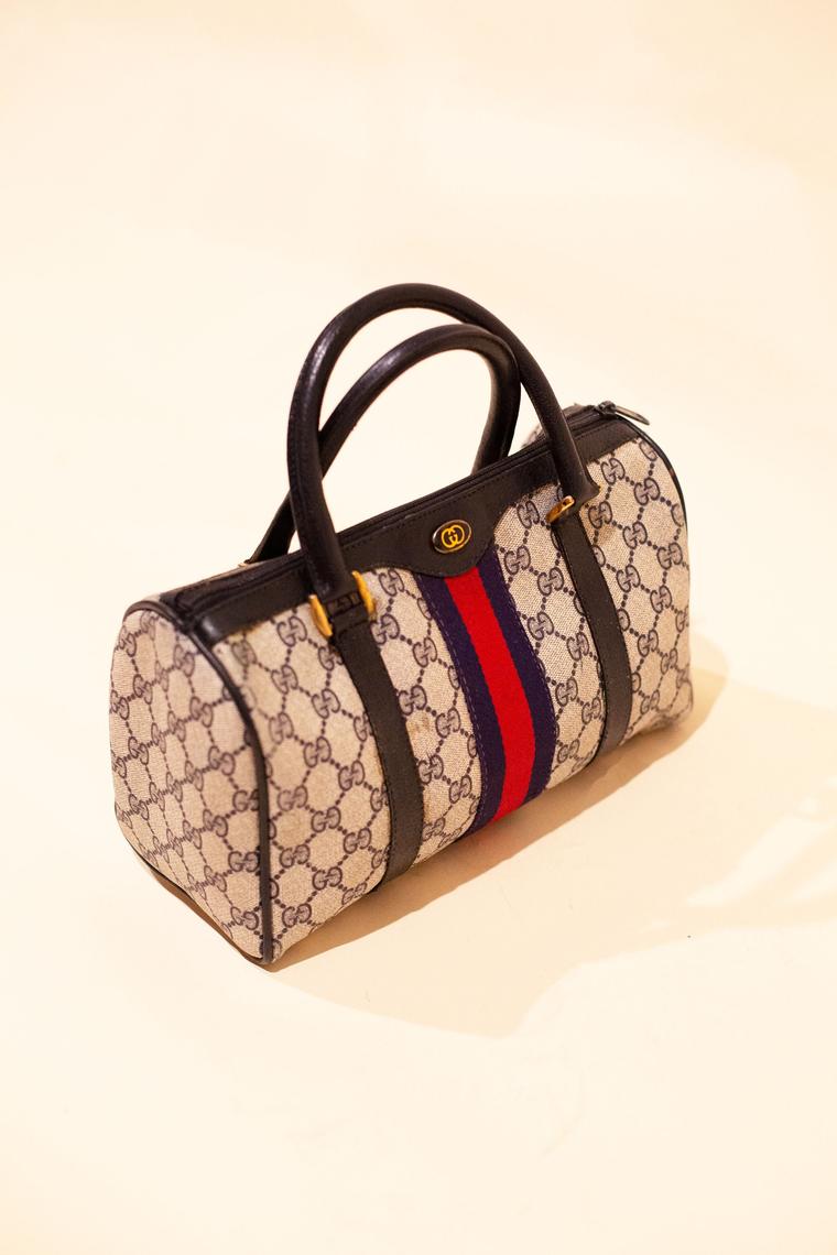 Vintage GUCCI 1980s Monogram Boston Doctor Bag with Gold Hardware Backroom Clothing Los Angeles CA