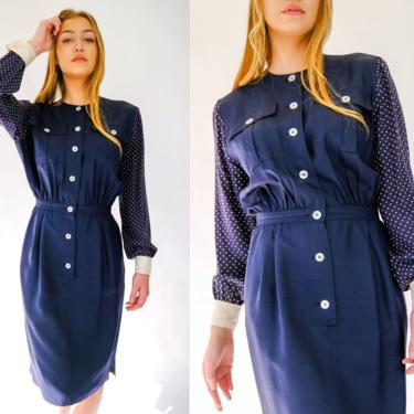 Vintage 70s 80s Valentino Navy Blue Textured Silk Day Dress w/ Polkadot French Cuff Sleeves  | Made in Italy | 1970s 1980s Designer Dress 