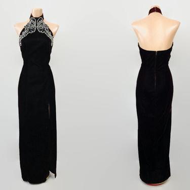 VINTAGE 80s Red Black Velvet Sequined Bombshell Cocktail Dress | 1980s Zum Zum Cocktail Dress | Sexy Halter Neckline Wiggle Dress 