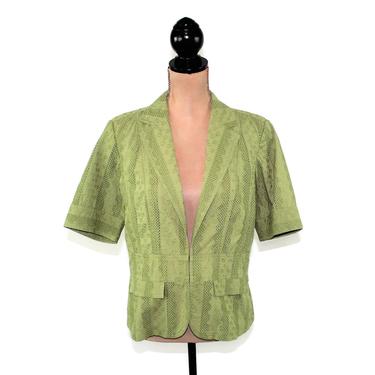Lime Green Cotton Eyelet Jacket Large, Short Sleeve Lace Blazer Size 12, Spring Summer Casual Clothes Women Vintage Clothing Coldwater Creek 