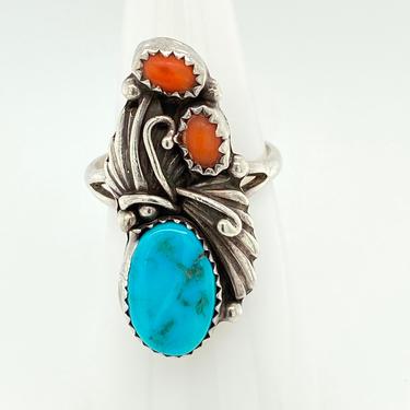 Vintage Navajo Bright Blue Turquoise Coral Sterling Silver Ring Sz 7 Signed J 