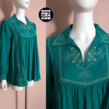 INCREDIBLE &amp; RARE Vintage 70s Green Embroidered Hippie Blouse 
