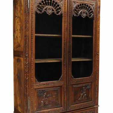 Antique Bookcase, Cabinet, French Breton Carved Oak, 19th / 20th C.