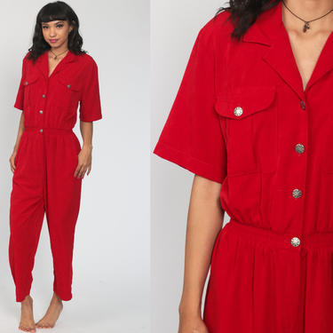 80s Jumpsuit Plain Red Red Tapered Pant Button Up High Waisted 90s Vintage Pantsuit Short Sleeve Medium 