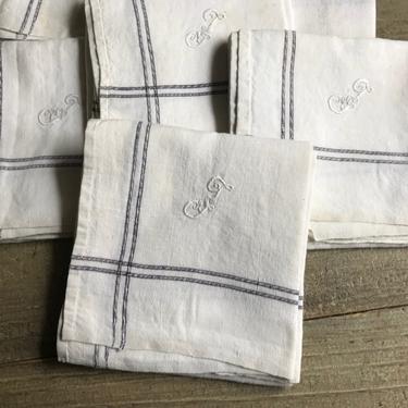 French Monogrammed Handkerchief, White, Faded Indigo Blue Stripe, Set of 6 
