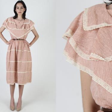 Vintage 70s Garden Prairie Dress / Layered Ruffle Bodice / Mauve Pleated Tiered Skirt / Summer Lawn Party Midi Mini Dress 