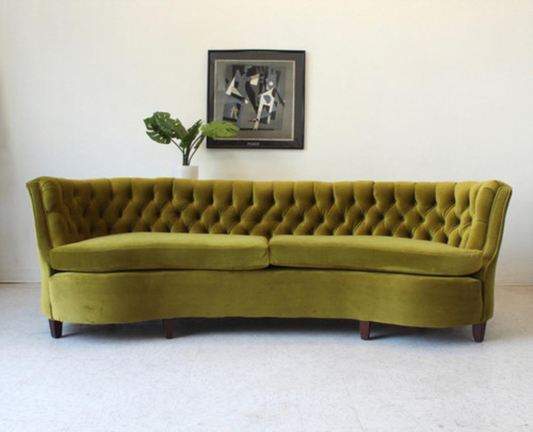 Vintage Olive Green Tufted Halfmoon Sofa Sunbeam Vintage Highland